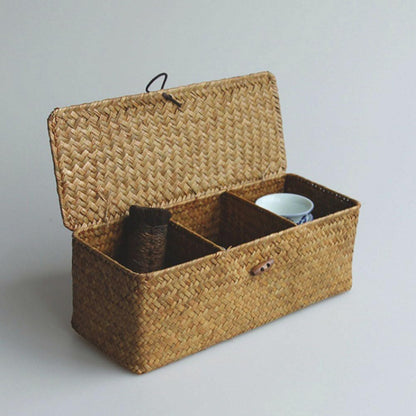 Handwoven Wicker Storage Basket with Lid, 3 Compartment Toilet Paper Holder for Bathroom, Kitchen Organizer Bin