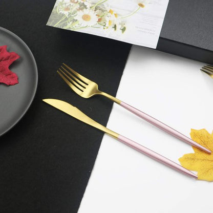 JASHII Luxury 18/10 Pink Handle Flatware Gold Silverware Set 304 Stainless Steel Flatware Cutlery Set| 24-Piece Adaline Royal Modern Satin Finish| BEST Birthday Wedding Gift (Pink Handle Matte Gold)