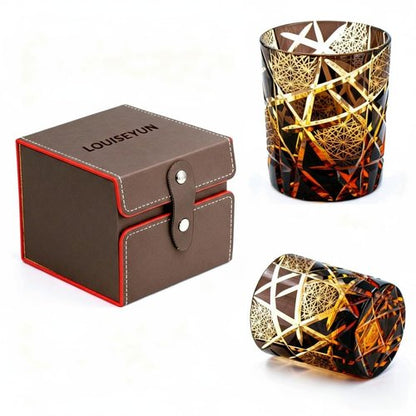 LOUISEYUN Edo Kiriko Old Fashioned Whiskey Glasses Japanese Style Crystal Amber 8 0z Black Diamond Cut Glass Cup Tumbler for Vodka Cocktail