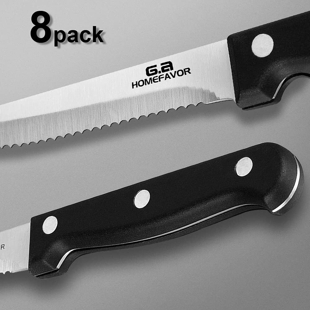 G.a HOMEFAVOR Steak Knife Set - 8 Pieces Full Tang Sharp Serrated Knives Cutlery Set, Stainless Steel, Black