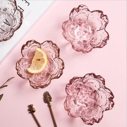 Glass Votive Candle Holders,Glass Seasoning Dishes,Cherry-Blossom Tea Bag Holders,Pink Flower Snack Dip Bowls,Set of 6 Tealight Pillar Trays for Party Housewarming Christmas Valentine Wedding Decor