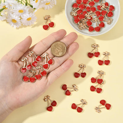 SUNNYCLUE 1 Box 30Pcs Enamel Fruits Charms Bulk Red Cherry Charm Gold Alloy Bowknot Design Mini Cute Food Cartoon Cherries Pendants for Jewelry Making Bracelets Necklace Earring DIY Crafts Accessories