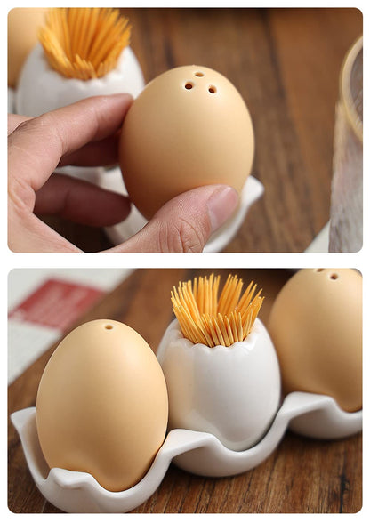 Egg-Shaped Ceramic Spice Shaker Seasoning Dispenser Flavor Ware Toothpick Jar Bottle With Holes, Porcelain Cruets Salt and Pepper Powder Tank with Tray for Barbecue Restaurant Kitchen Household Gift