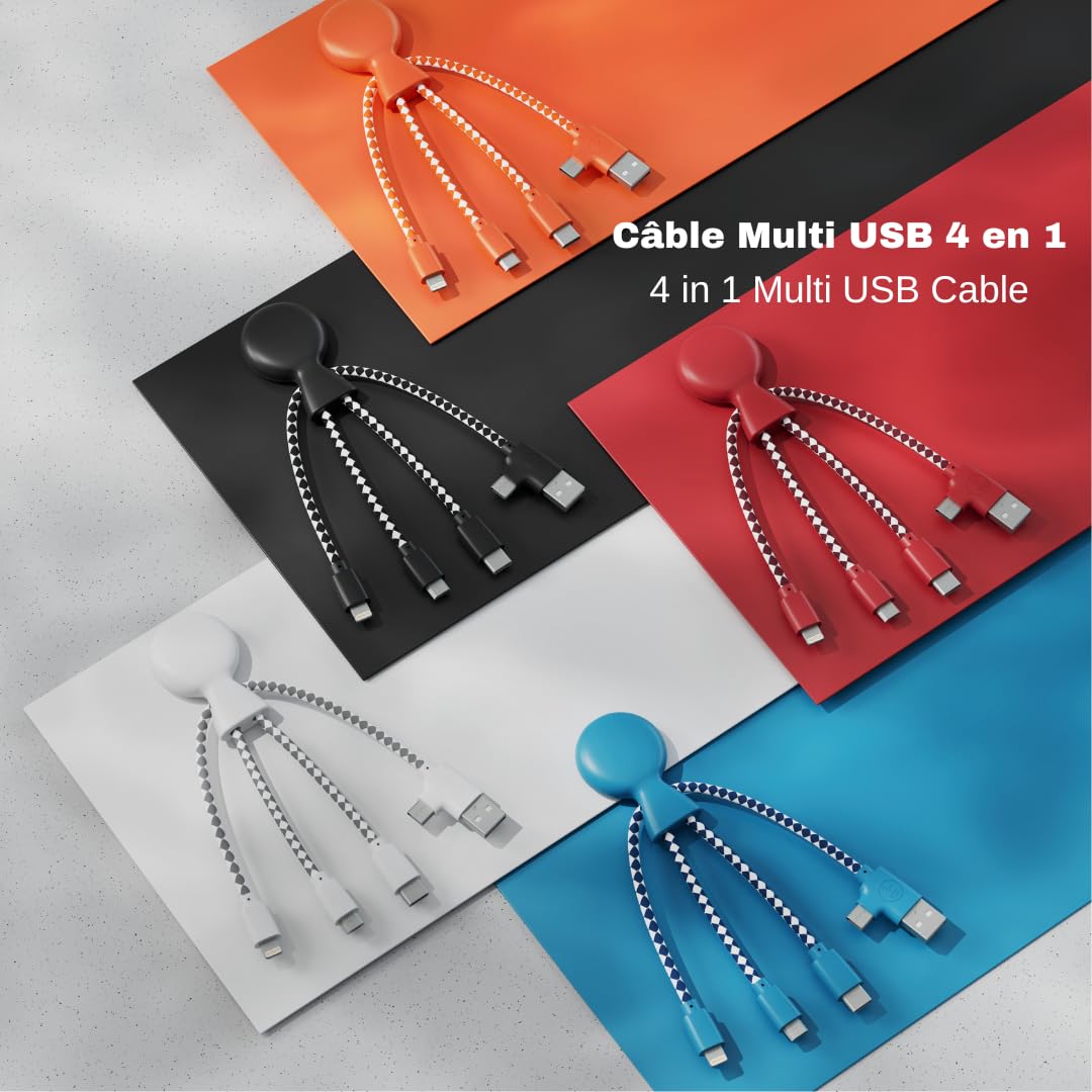 Xoopar Multi USB Cable 4 in 1 - Universal Charger Made from Recycled Plastic - USB, USB-C, Lighting, Micro USB Ports - Compatible with All Smartphones Mr Bio White Octopus