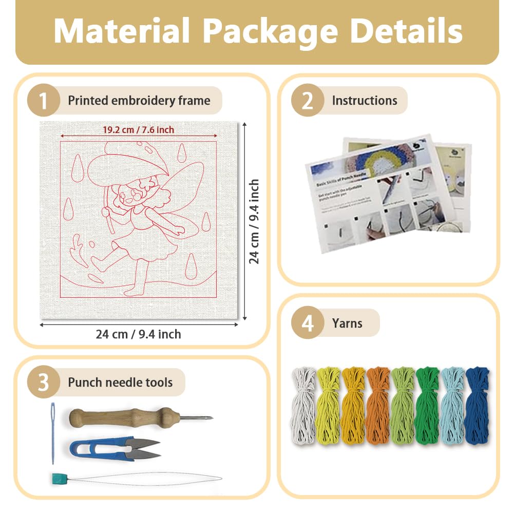 Doodlream Elf in the Summerrain Needle Kit for Beginner, 9.4"x 9.4" Cute Fairy Punch Stitching Craft Set, DIY Embroidery Starter with Printed Frame, Instruction, Threader, Yarn, Pinch Needle