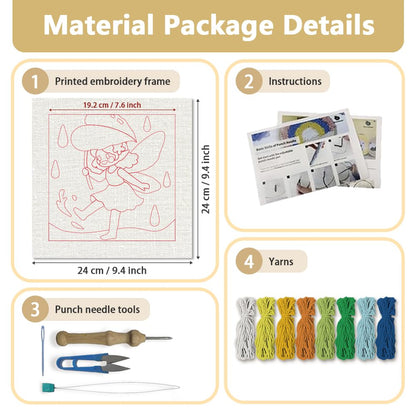 Doodlream Elf in the Summerrain Needle Kit for Beginner, 9.4"x 9.4" Cute Fairy Punch Stitching Craft Set, DIY Embroidery Starter with Printed Frame, Instruction, Threader, Yarn, Pinch Needle