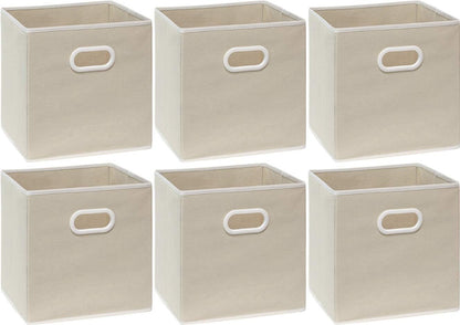 Simple Houseware Foldable Cube Storage Bins - 11-Inch Beige Fabric Organizers | 6-Pack with Handles