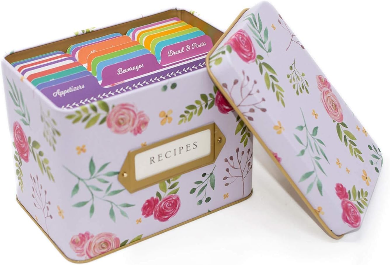 Jot & Mark Recipe Card Complete Gift Box | Decorative Pink Peonies Recipe Tin Box