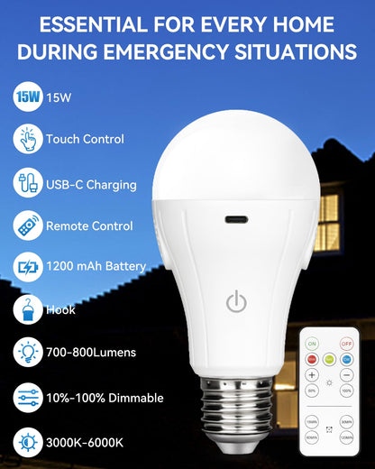 LUXKAZSAZZI WirelessGlow Rechargeable Light Bulbs with Remote, 3 Color Temperatures and Dimmable Battery Operated Light Bulbs, Touch Control + USB Rechargeable Battery Light Bulb, A19, 2 Pack