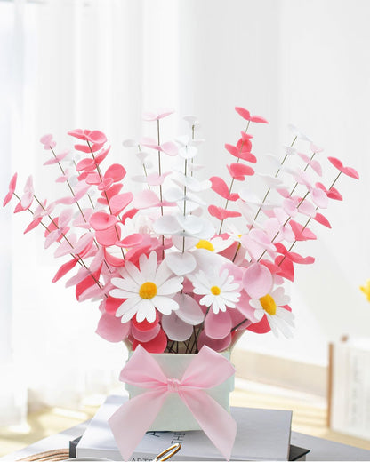 BAZIMA Felt Eucalyptus Daisy Bouquet,Felt Flowers,Multi-Color Felt Leaves,DIY Bouquet,Artificial Flower Bouquet with Flower Pot,Floral Gifts,15 Eucalyptus and 8 Daisies kit (Red Pink White)