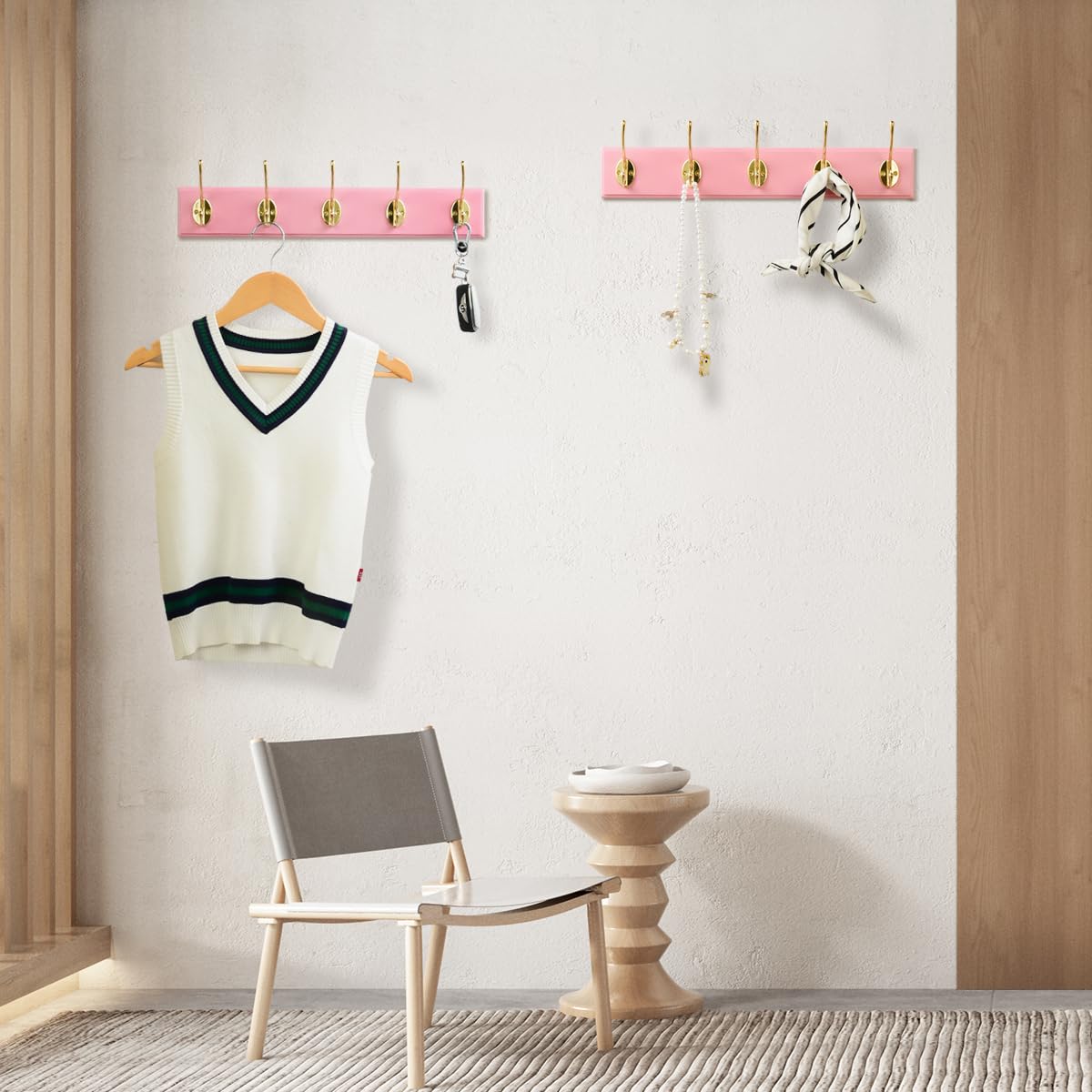 JYL HOME Wall Mount Bamboo Coat Rack, 17 Inch 5 Double Hooks, Pink and Gold