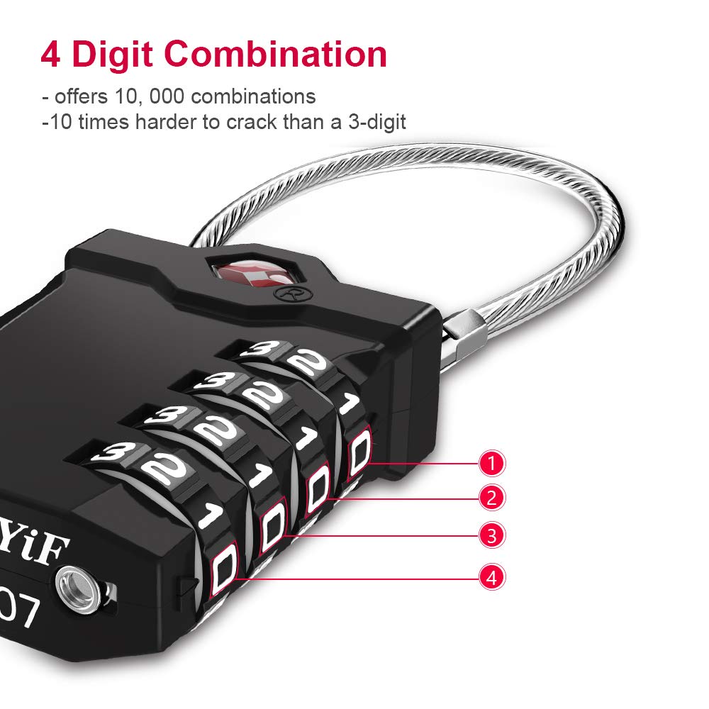 ZHEGE TSA Approved Luggage Lock, 1-Pack, Black, Combination Lock, 10,000 Combination Options, 5.5in Flexible Cable, Easy to Use, Secure & Solid, Suitable for Luggage, Backpacks, Briefcases