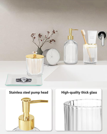 Gold Bathroom Accessories Set, 4Pcs Clear Glass Bathroom Accessory Sets Complete of Soap Dispenser, Toothbrush Holder, Apothecary Jar(Qtip Holder), Vanity Tray, Modern Home Decor Housewarming Gifts