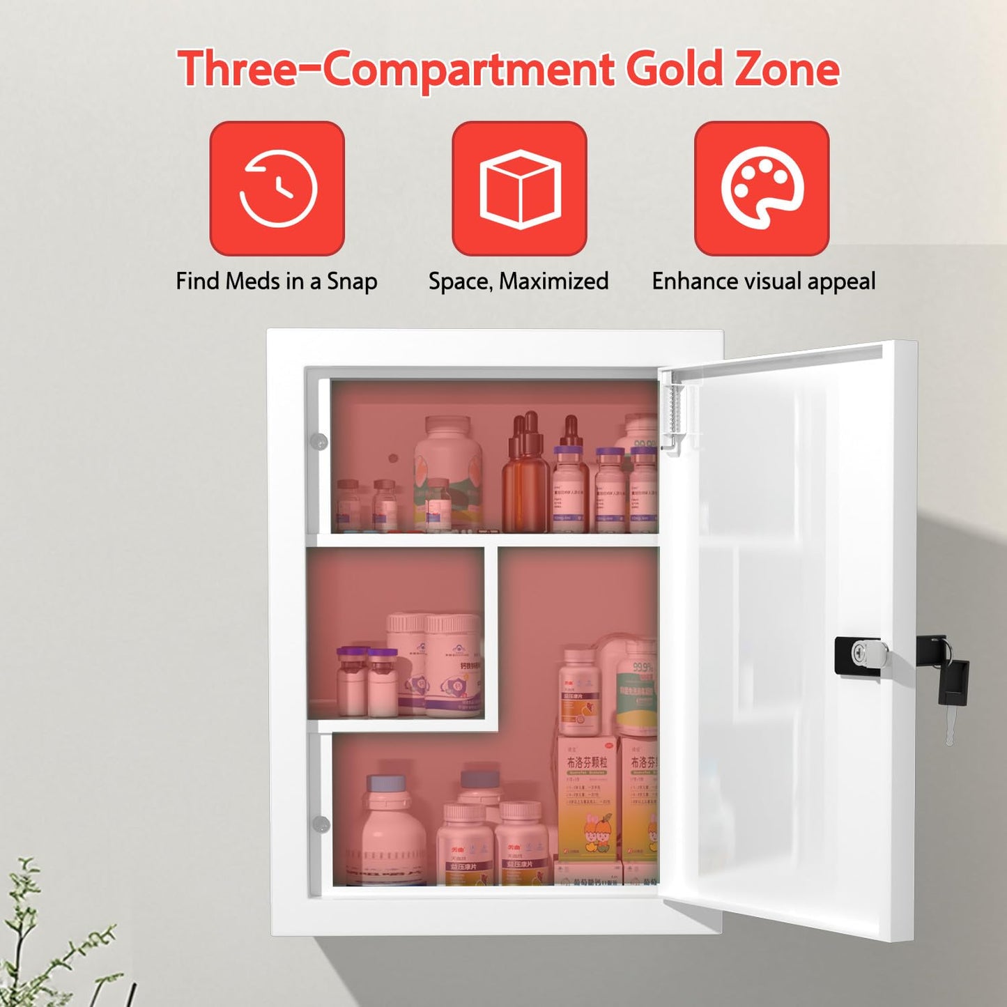 Wall-Mount Locking Medicine Cabinet: Large Metal Storage Organizer Box with Combination & Key Lock - First Aid Medicine Cabinet 3-Compartment Design for Bathroom Home (15.75" H x 11.82" W x 4.72" D)
