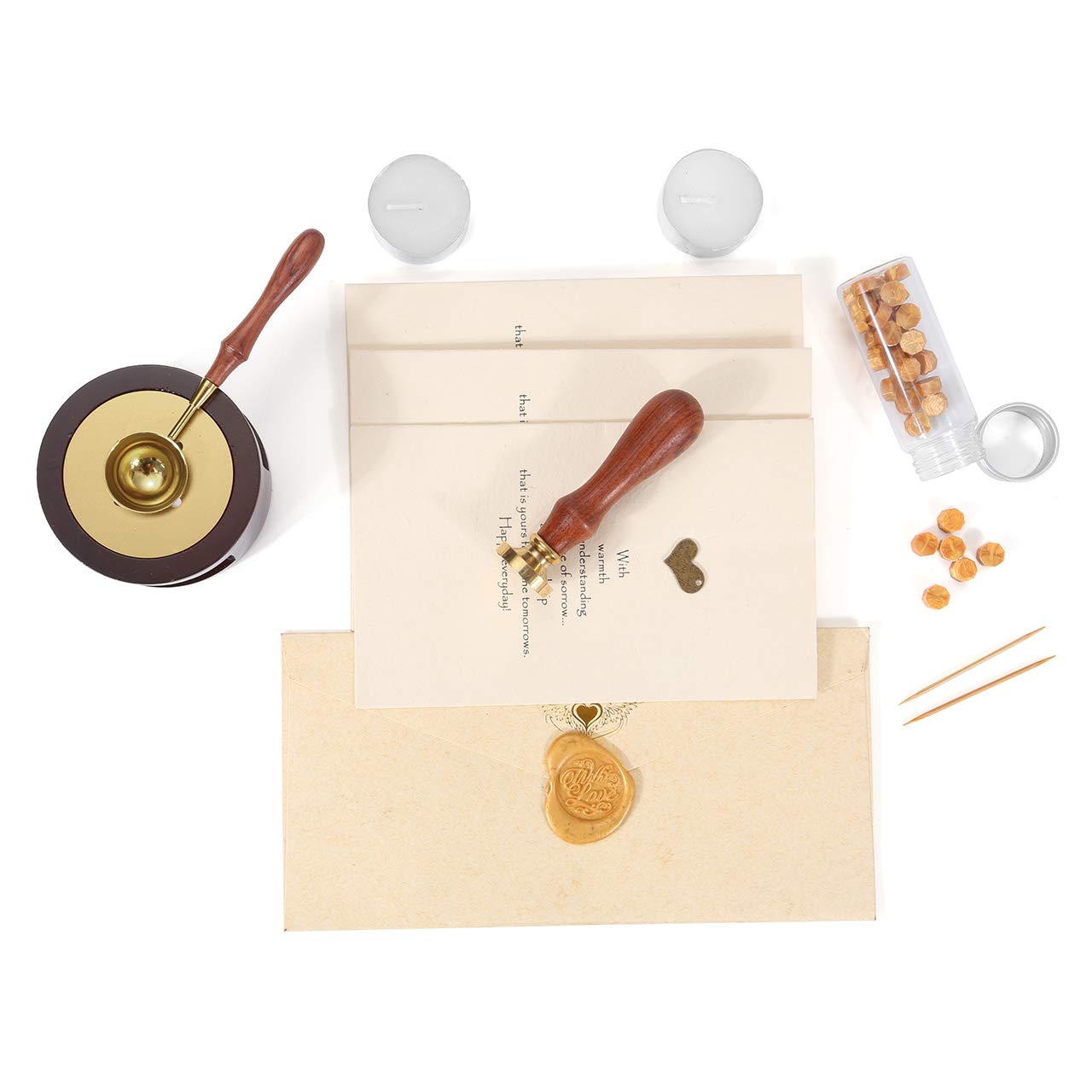 Yoption Rose Wood Wax Seal Warmer with Melting Spoon Kit, Wax Sticks, Beads, Furnace Tool Stove Pot (#1)