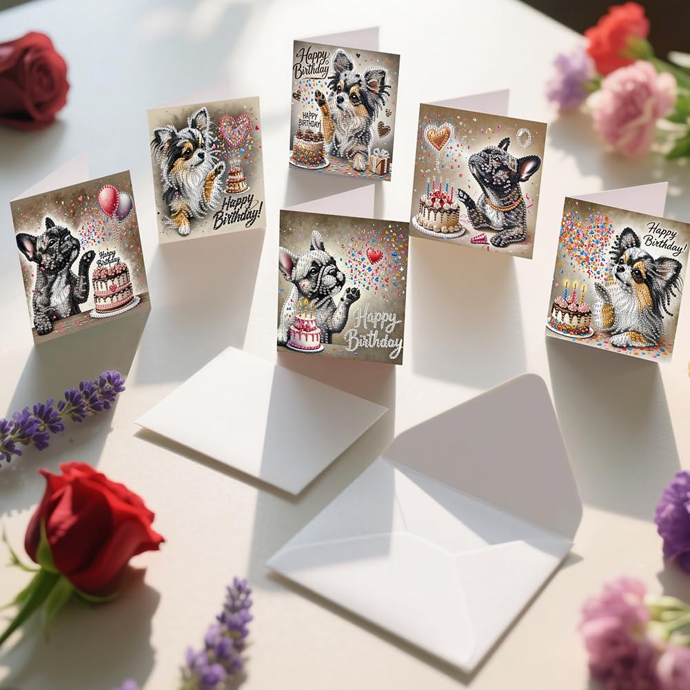POETRYDRAW 6 Pack 5D DIY Diamond Art Painting Dog Card Kit, Diamond Art Birthday Holiday Greeting Card, Crafts Kit Creative with Envelope