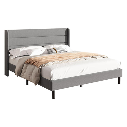Mxhtcewz King Size Upholstered Platform Bed Frame, Modern Linen Fabric Bed with Wingback Headboard, Sturdy No Wobble, Noise-Free & Easy Assembly, No Box Spring Needed, Gray