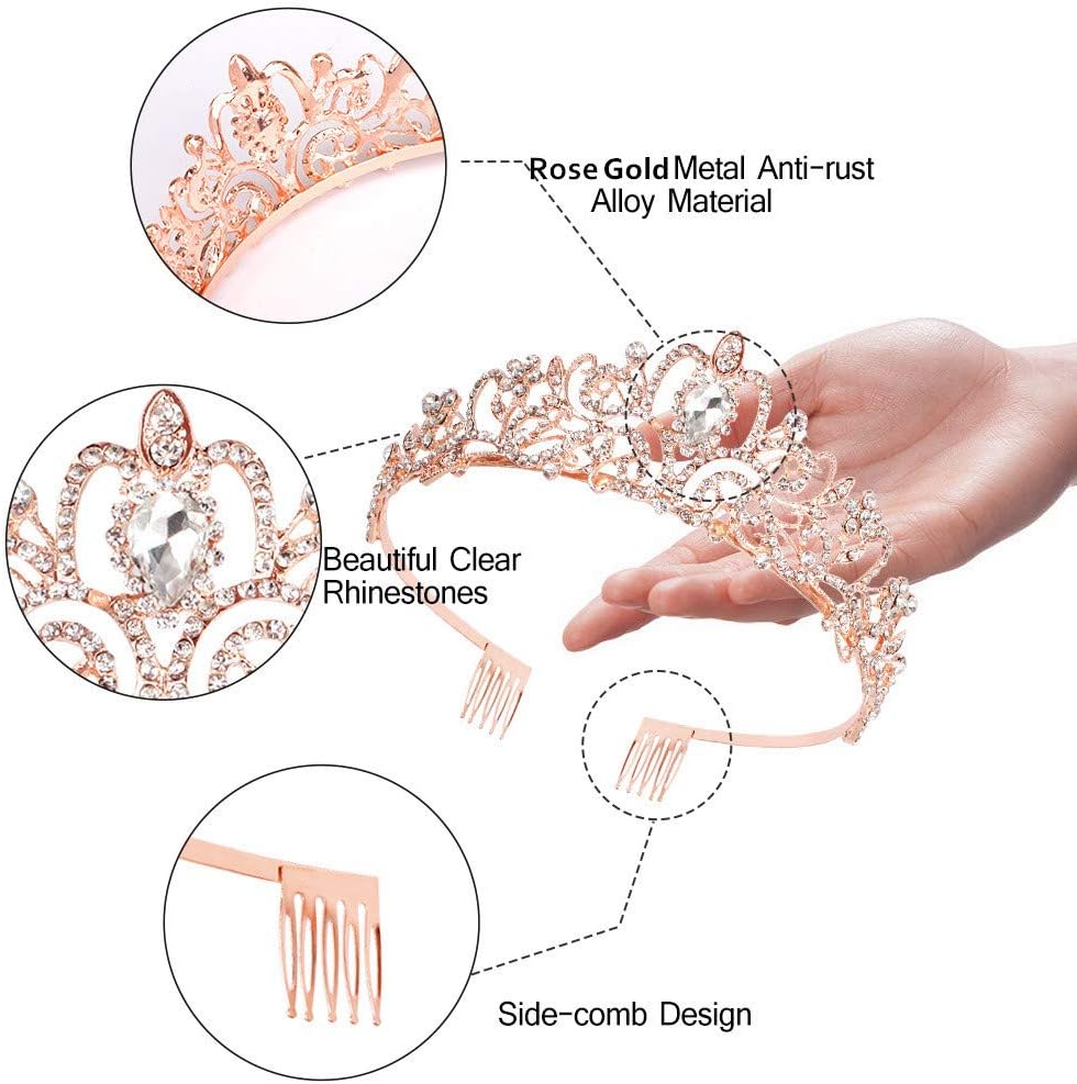 Didder Tiaras for Women, Crystal Rose Gold Birthday Queen Sash, Elegant Princess Crown with Combs for Girls Party