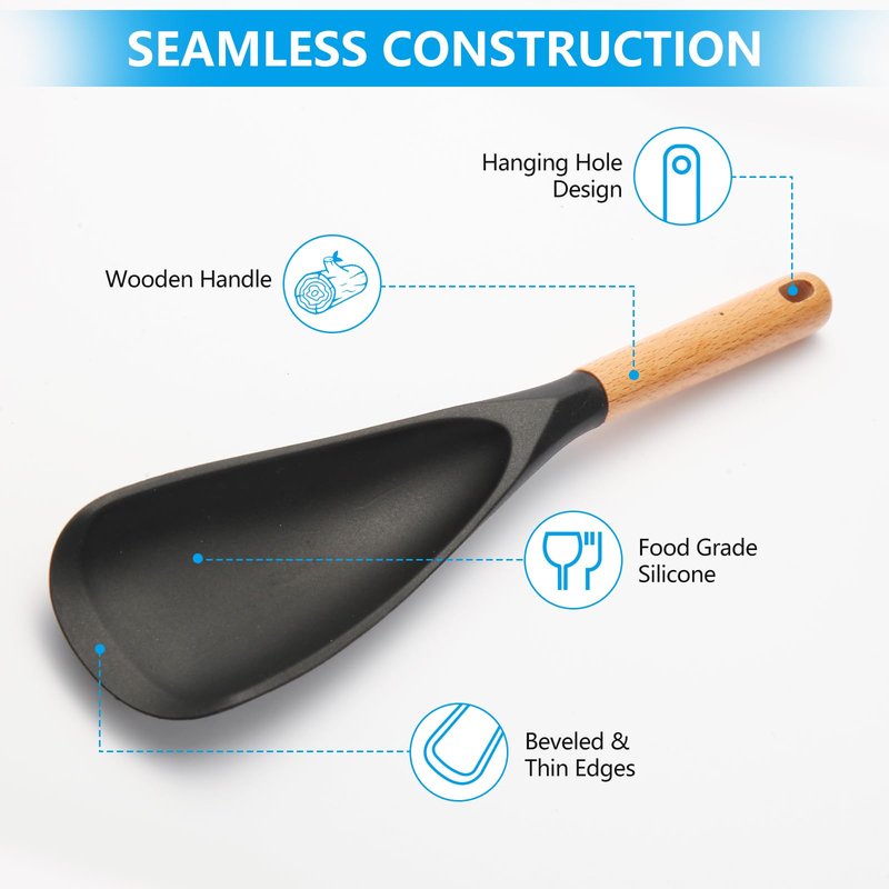 【2 Pack】Silicone Cooking Spoon for Nonstick Cookware - Wooden Handle Kitchen Spoon for Mixing, Flipping, Scraping & Serving - Heat-Resistant Spatula for Baking, Stirring (11.4'' Black 2-Pcs)