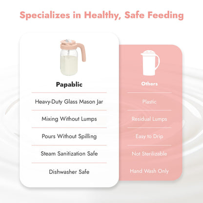 Papablic Glass Formula Pitcher, Fast Baby Breastmilk Maker with Mixing Handle Lid, Wide Mouth Mason Jar Breast Milk Storage Container with Flip-Lock Spout, BPA-Free, Pink