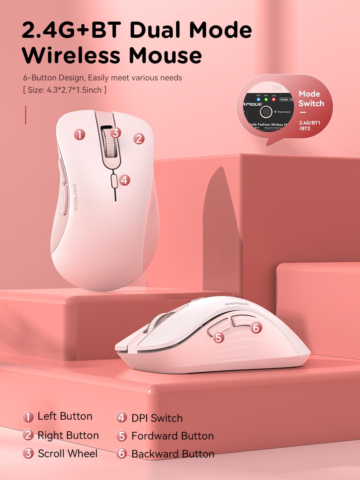 RAPIQUE Bluetooth Wireless Mouse - Dual Bluetooth & 2.4 GHz USB Receiver, Ergonomic Design, Quiet Clicks, Low Power - Multi-Device Compatibility for MacBook, Laptop, Computer, iPad Air/Pro (Pink)