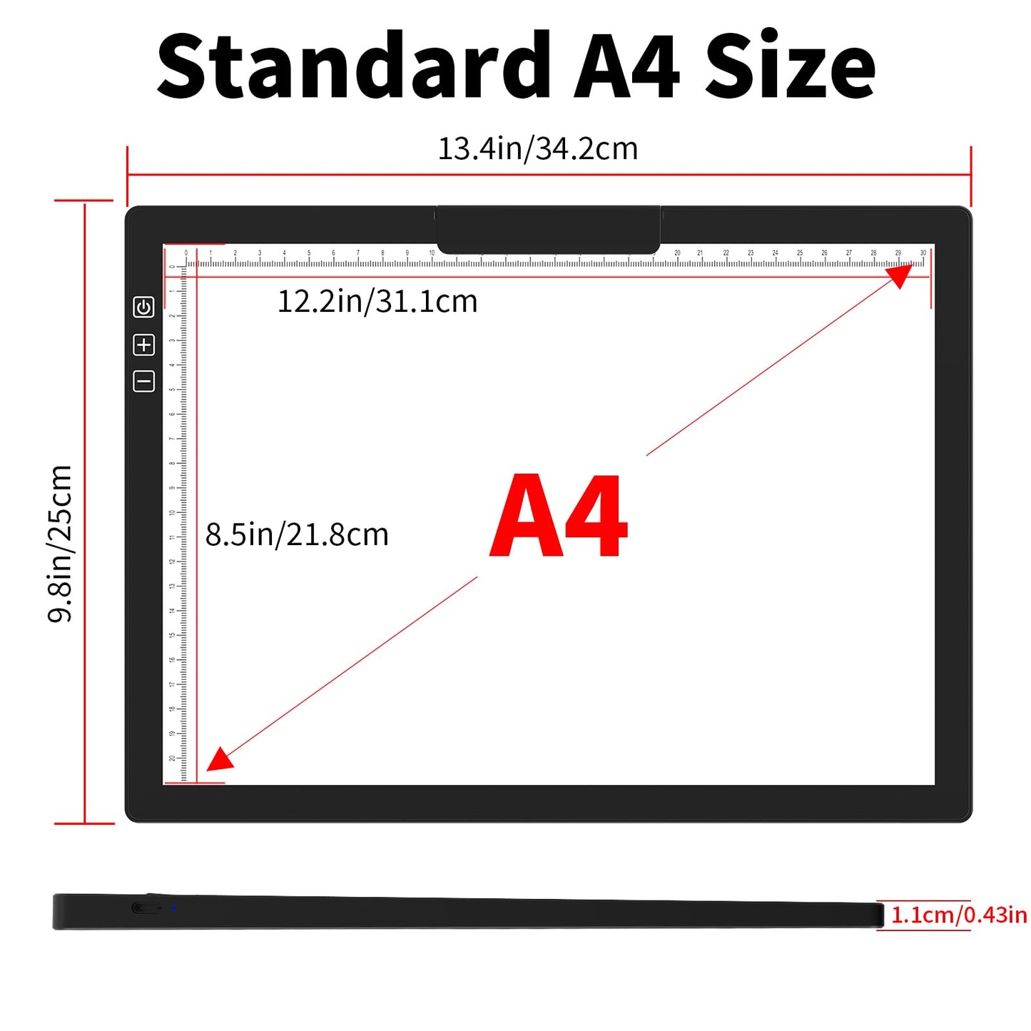 HIUKCOLED Rechargeable A4 Light Pad, Battery Powered Light Board with Top Clip＆Stand, Stepless Dimmable＆6-Level Brightness Adjustable, Wireless LED Tracing Box for Diamond Painting,Drawing,Sketching