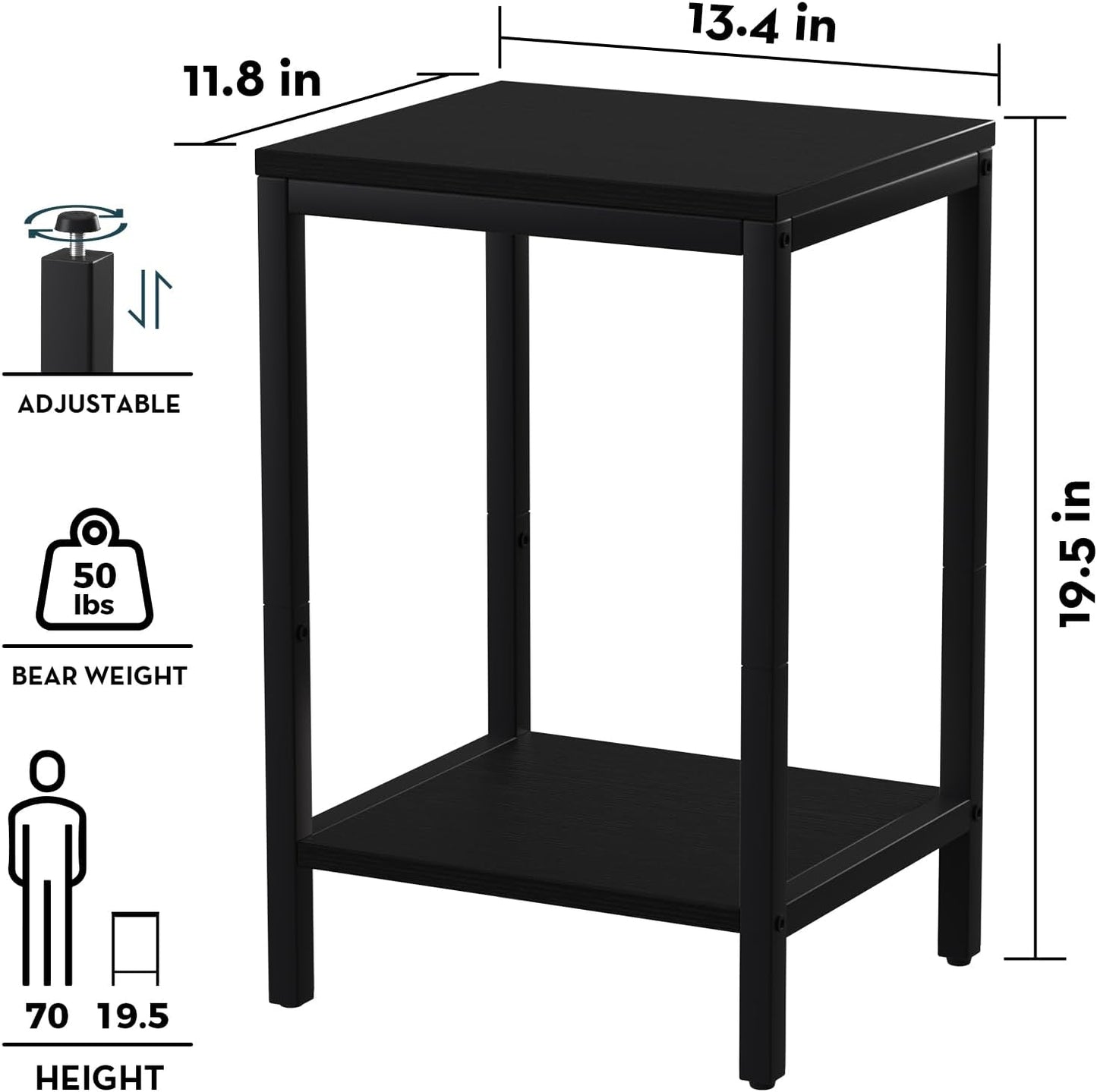 13.3''D 2 1PCS, SAYGOER Black End Tables Small Side Table with Storage Wood Night Stand Metal Frames Tier Bedside Table
