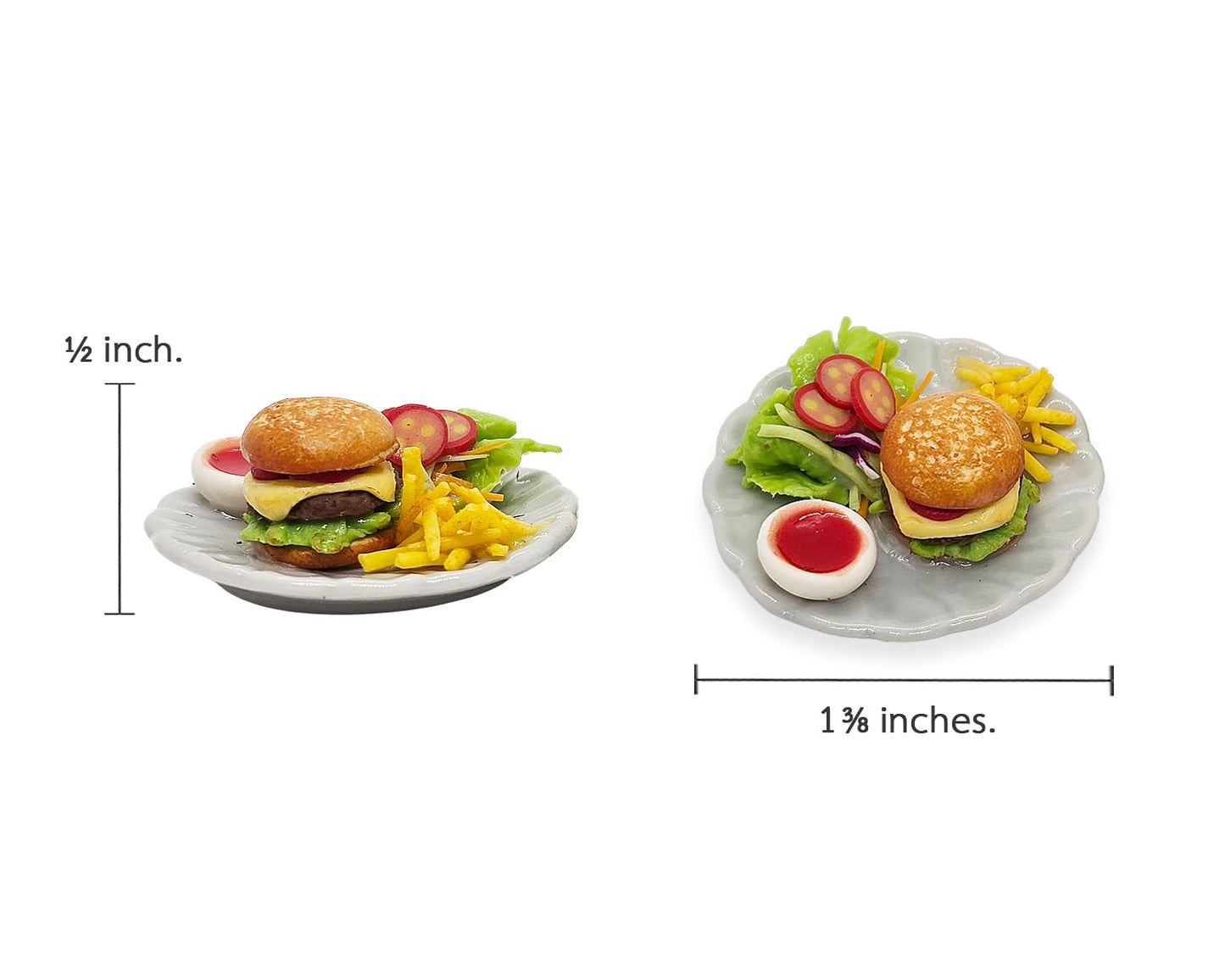 WitnyStore Tiny 1⅜" Hamburger and Sub Sandwich Realistic Mini Foods Miniature Hand Made Polymer Clay Food Meal Model Replica On Ceramic Dishes Decorative Figure Collectible Figurine Décor Art Gifts