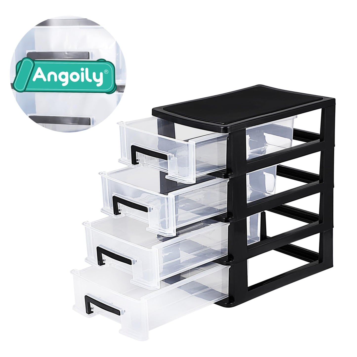 Angoily 4 Drawer Desk Organizer, Plastic Home Office Storage Organizer, Makeup Organizer Storage Station Cube, Cosmetics Jewelry Storage Box, 4 Drawer for Bathroom, Desk, Office (8.31x5.98x9.92 Inch)