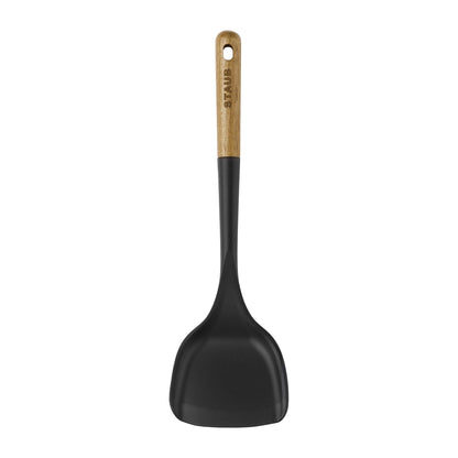 STAUB Wok Spatula, Perfect for Scooping, Flipping, Stirring, and Turning Stir Fries, One Size, Durable BPA-free Matte Black Silicone, Acacia Wood Handles, Safe for Nonstick Cooking Surfaces