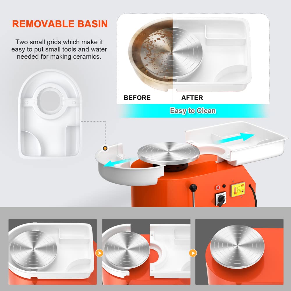 Pottery Wheel Pottery Forming Machine 25CM 350W Electric Pottery Wheel with Foot Pedal DIY Clay Tool Ceramic Machine Work Clay Art Craft (Orange)
