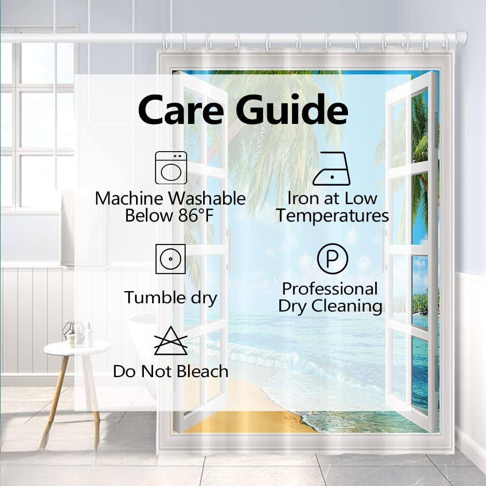 Summer Shower Curtain Set for Bathroom, White Window Blue Sky Sea Water with Green Palm Trees, 72x72 inches