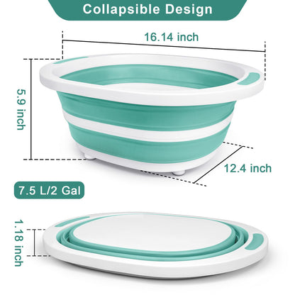 Collapsible Wash Basin, 7.5L Dish Tub Sink Basin Folding Dish Pans for Kitchen Sink, 2-in-1 Dishpan + Cutting Board, Portable Sink Dish Basin for Camping BBQ Prep Tub Washing Bin Bucket for Cleaning