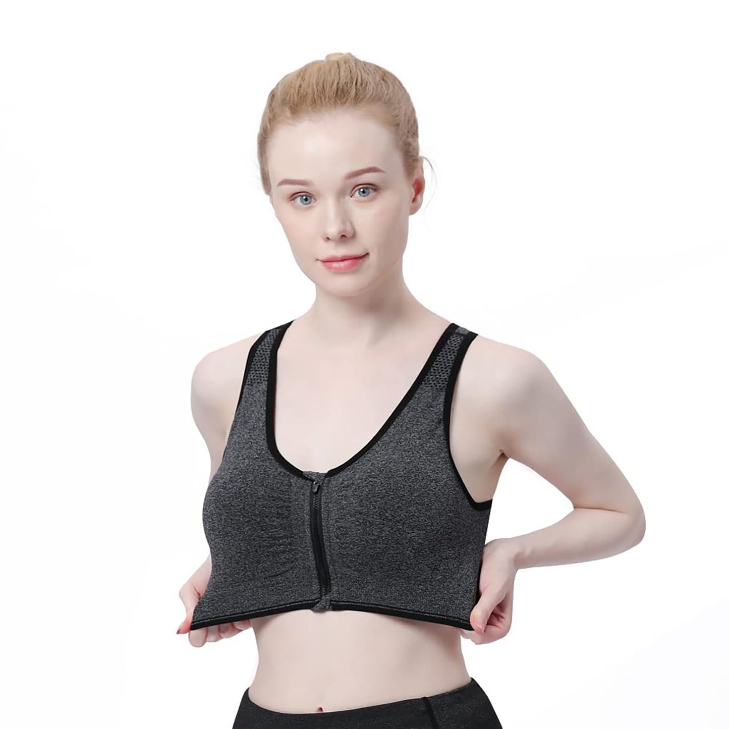 Women's Zip Front Sports Bra Wireless Post-Surgery, Yoga Sports Bras (L:Fit 34C,34,34D,34DD,36B,36C,38A,38B, 3 Pack(Black+Grey+Flesh))