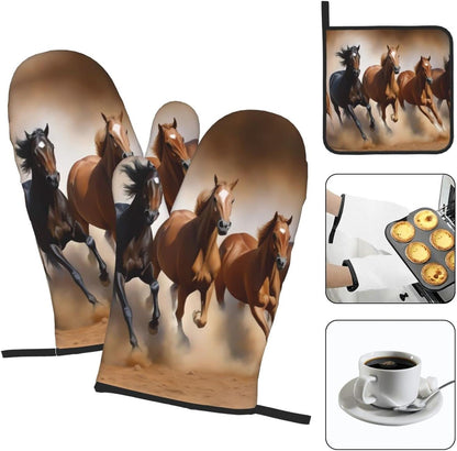 Oven Mitts and Potholders, Animal Horse Elegant Running Horse in Desert Sand Storm Baking Glove and Pot Holder, 3-Piece