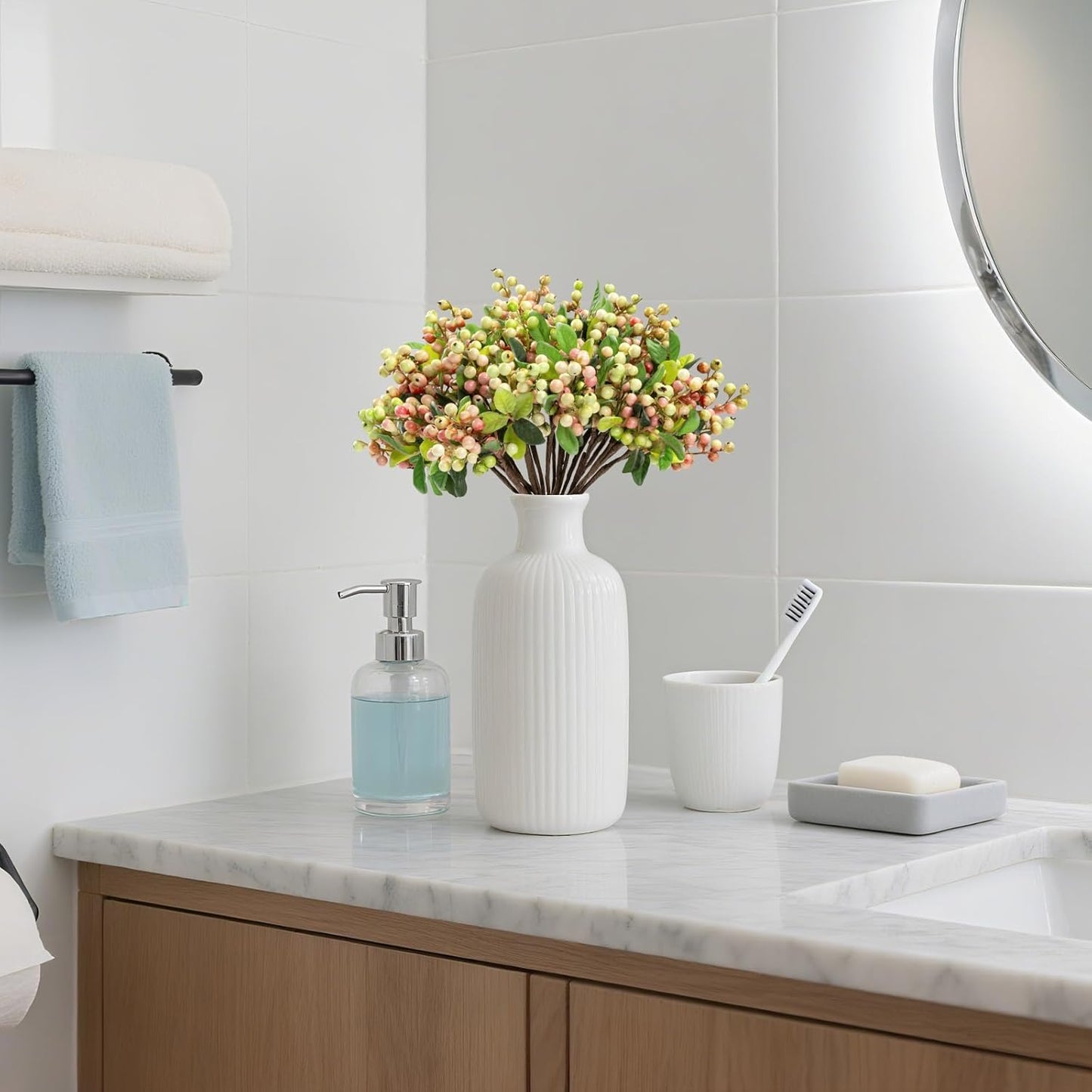 20 9.8 inch SHACOS Artificial Pink Berry Stems PCS Fake Berries Branches Spray with Green Leaves Small Berry Picks