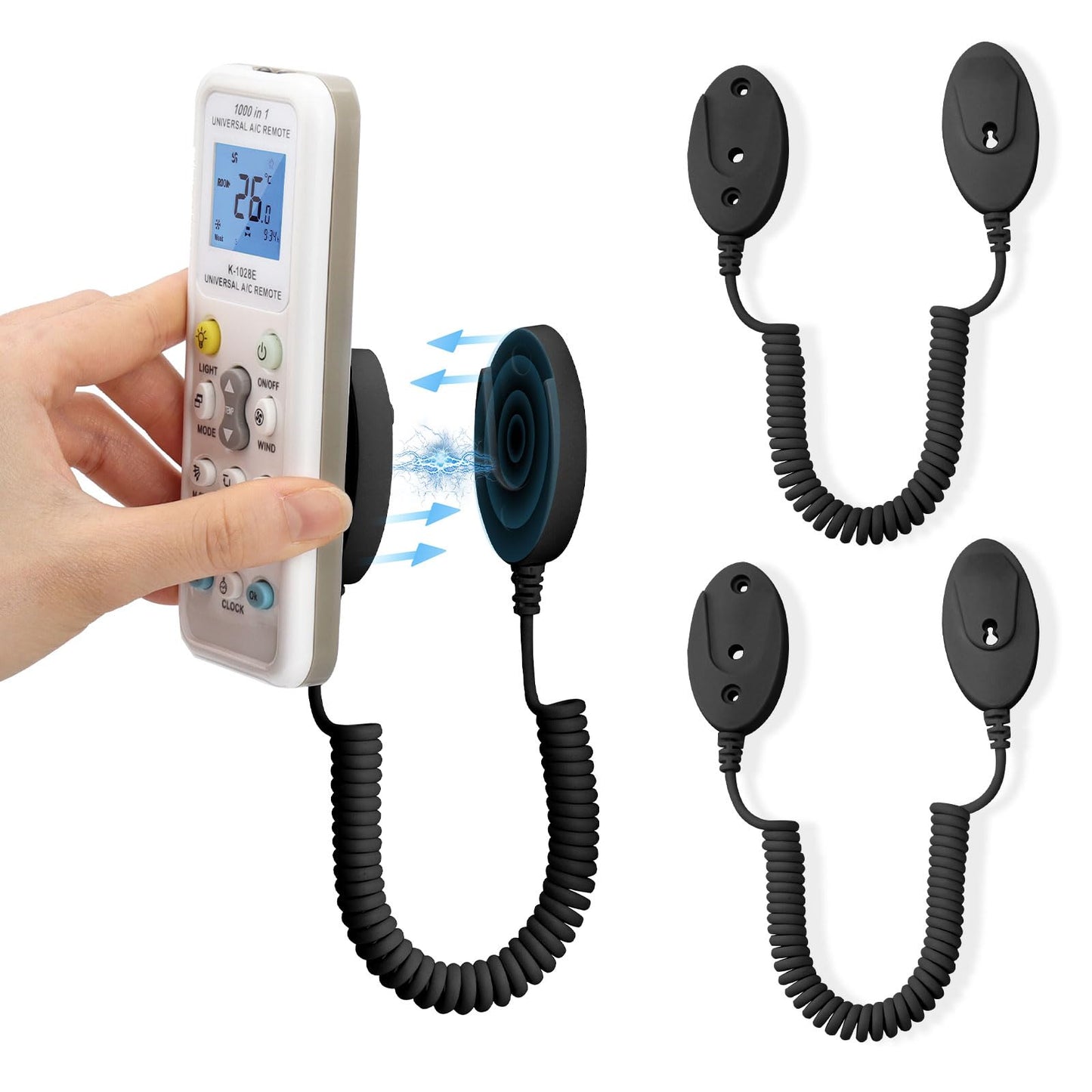 2-Pack Magnetic Remote Control Holders with Spring Ropes - Safely Secure Remotes & Small Items, Wall-Mount with Adhesive, Anti-Loss, Rapid Adsorption, Extendable Spring (Black 43 inch, 2 Pack)