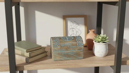The Great Indian Bazaar Handmade Decorative Wooden Jewelry Box With Celtic Carving - Blue, Rectangular, Table Top, Unisex, Ideal For Home Decor & Gifting