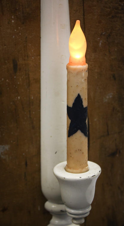 Set of 2 Primitive LED Taper Candles with Black Star, Battery Operated, Wax-Dipped