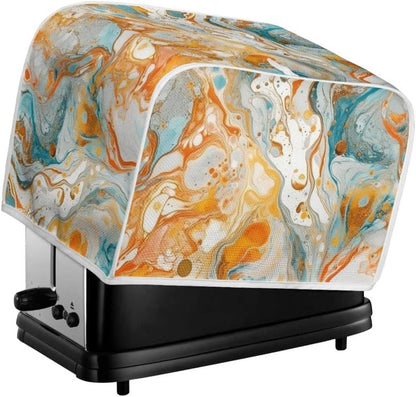 2 Slice Toaster Cover, Gold Cyan Marble Appliance Cover, Abstract Art Fluid Painting Universal Fit Wide Slot