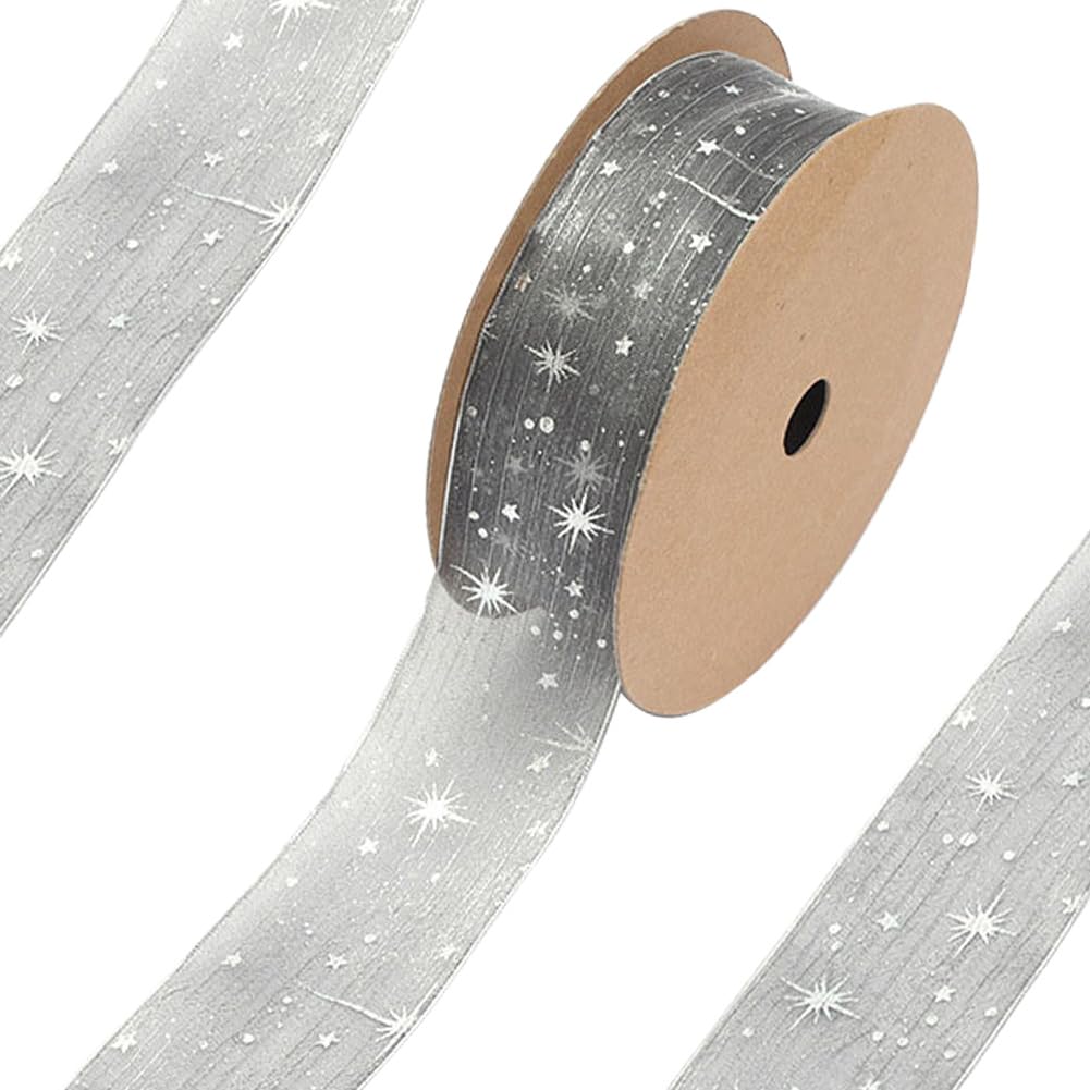 CABODYALS 40 Yards Grey Star Transparent Ribbons Sheer Wrapping Ribbon Silver Stars Stamping Organza Chiffon Silk Print Ribbon for Sewing Making Craft Gift Wrapping DIY Christmas Dress Decor Supplies