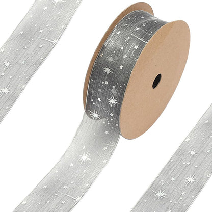 CABODYALS 40 Yards Grey Star Transparent Ribbons Sheer Wrapping Ribbon Silver Stars Stamping Organza Chiffon Silk Print Ribbon for Sewing Making Craft Gift Wrapping DIY Christmas Dress Decor Supplies