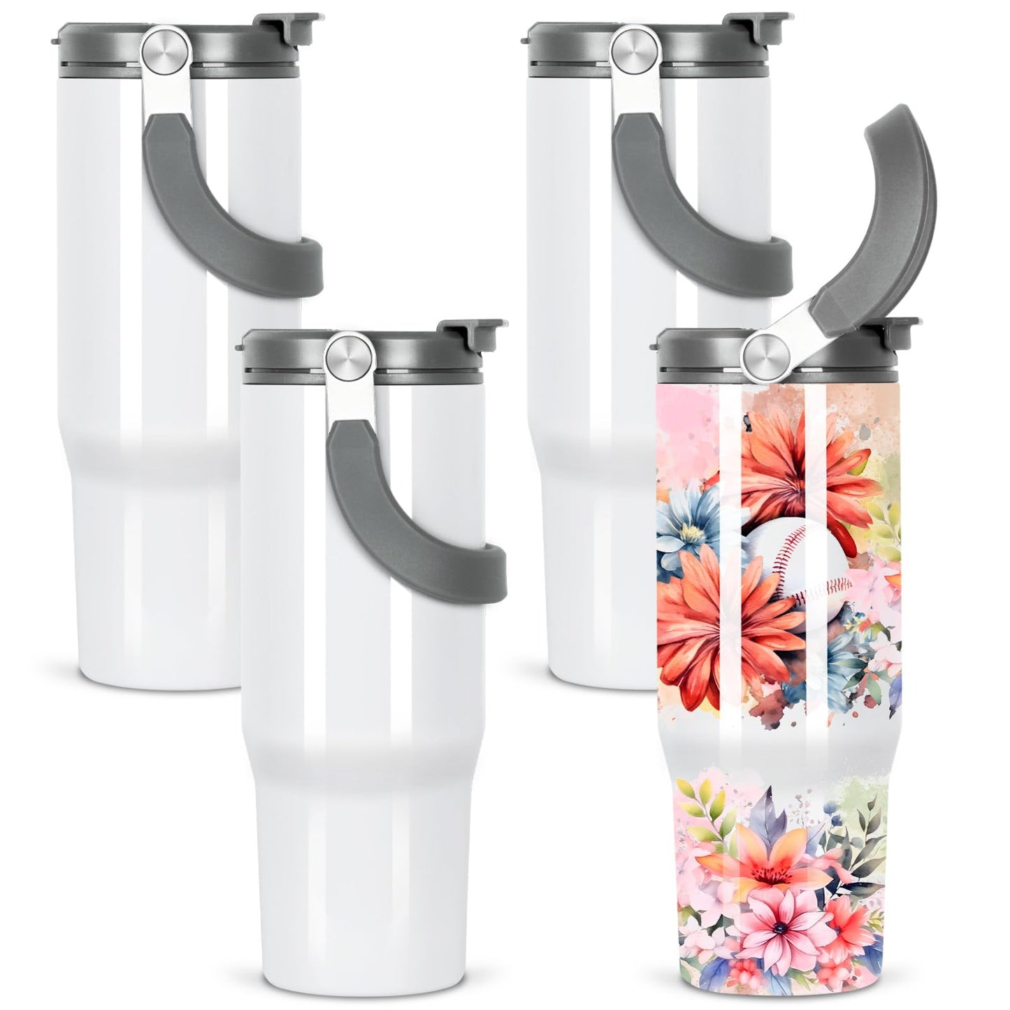 Tswofia 30 Oz Sublimation Tumblers Blank with Portable Handle, Stainless Steel Sublimation Cup with Straw Leakproof Flip, Individually Boxed (4 Pack)