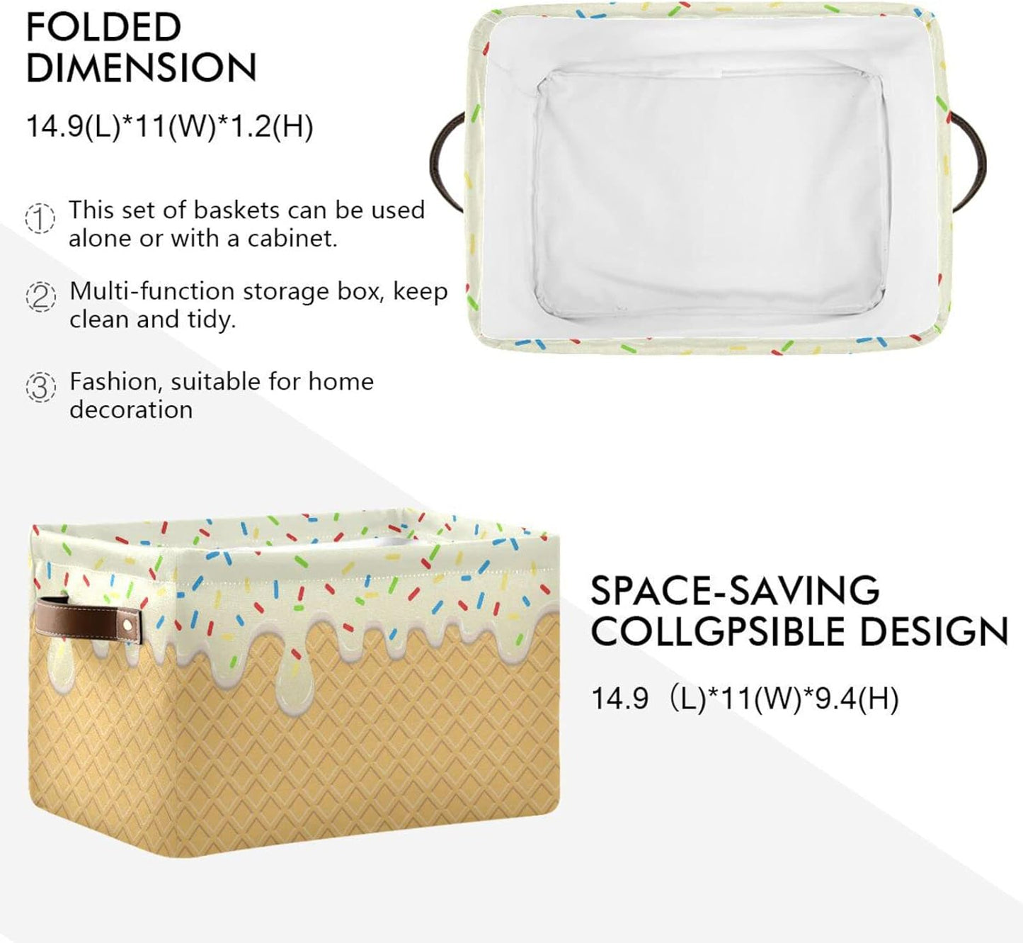 Ice Cream Texture Storage Basket Bin, Large Cube Canvas Collapsible Storage Organizer for Home Office Closet - 15 L x