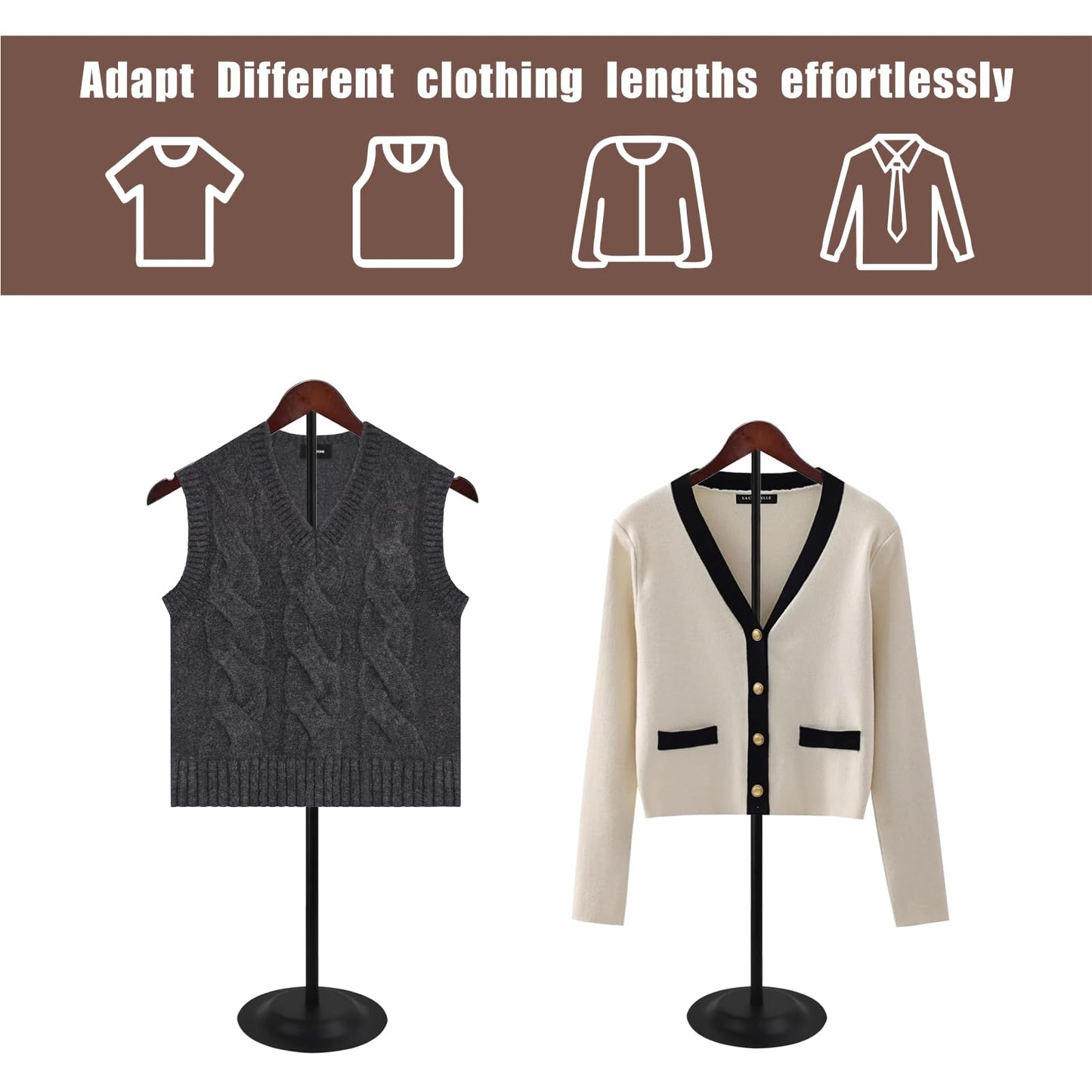 wdbg 4 Pack T Shirt Display stand, Adjustable T shirt Shoulder Stand for Vendor Portable Hanging wooden Clothes Rack for Clothing Dress Jacket Coat Retail 17-31 Inch, Black