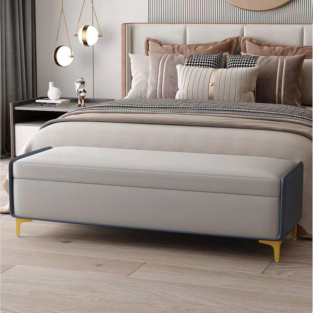 LMMIAMZ Luxury Leather Ottoman Bench Stylish Storage Footrest with Gold Legs Versatile Shoe Cabinet & Hidden Compartment Chic Yellow & Grey Design 100cm