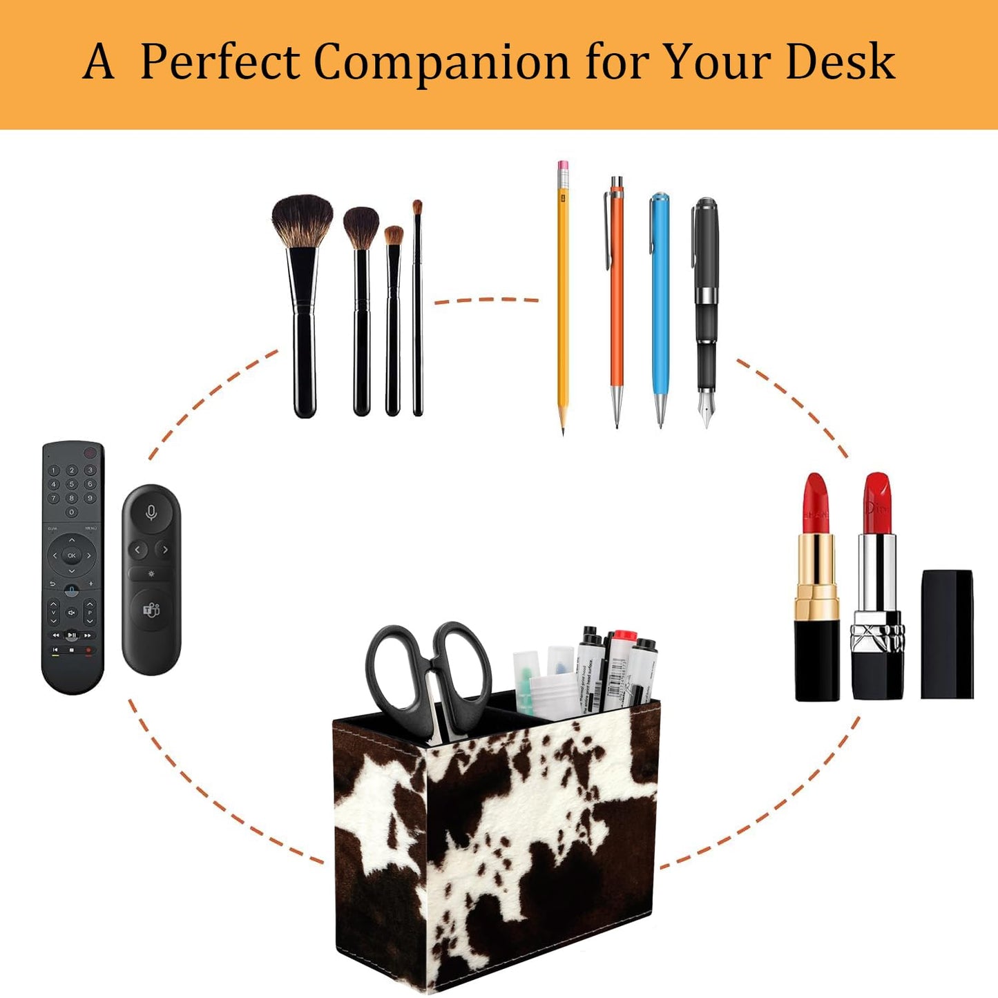 VSHSEEOM Cow Hide Print Pencil Holder for Desk, PU Leather Multifunctional Mobile Pen Holder Desktop Organizer Makeup Brush Holder for Classroom, Office and Home