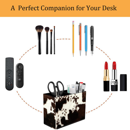 VSHSEEOM Cow Hide Print Pencil Holder for Desk, PU Leather Multifunctional Mobile Pen Holder Desktop Organizer Makeup Brush Holder for Classroom, Office and Home