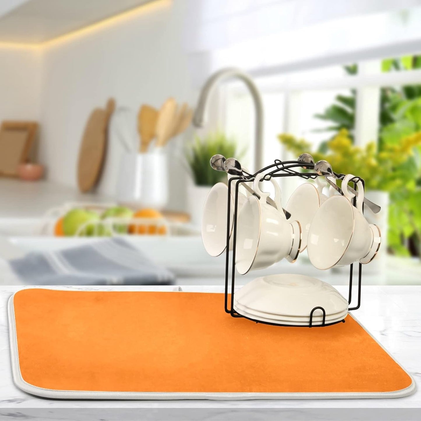 Orange Halloween Day Dish Drying Mat for Kitchen Counter, Absorbent Microfiber Drying Dish Pad, 16 x 18 Inch