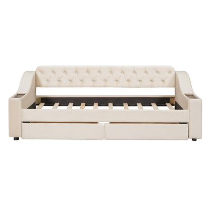 Brisca Twin Size Upholstered Daybed with Storage Armrests and USB Port,Bed Frame W/ 2 Drawers & Wood Slats Support,for Bedroom,Apartment,Guest Room,Beige